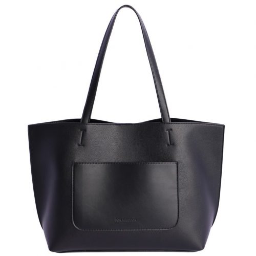 Bolso amplio, estilo shopper con bolsito, asa doble y cuerda. Medidas: Alto: 28 cm; largo: 33 cm abajo, 43 cm arriba; ancho: 15 cm. Color negro.