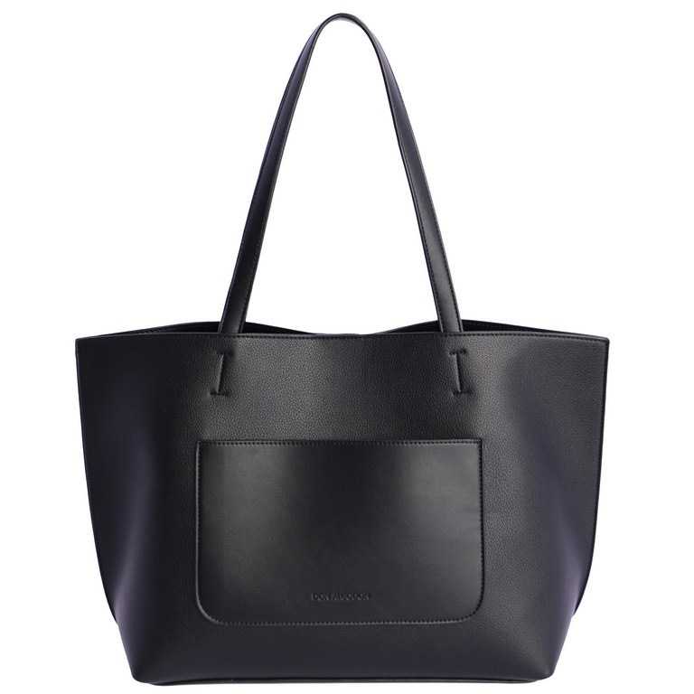 Bolso amplio, estilo shopper con bolsito, asa doble y cuerda. Medidas: Alto: 28 cm; largo: 33 cm abajo, 43 cm arriba; ancho: 15 cm. Color negro.