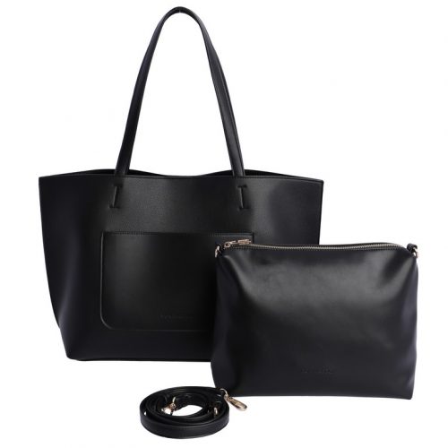 Bolso amplio, estilo shopper con bolsito, asa doble y cuerda. Medidas: Alto: 28 cm; largo: 33 cm abajo, 43 cm arriba; ancho: 15 cm. Color negro