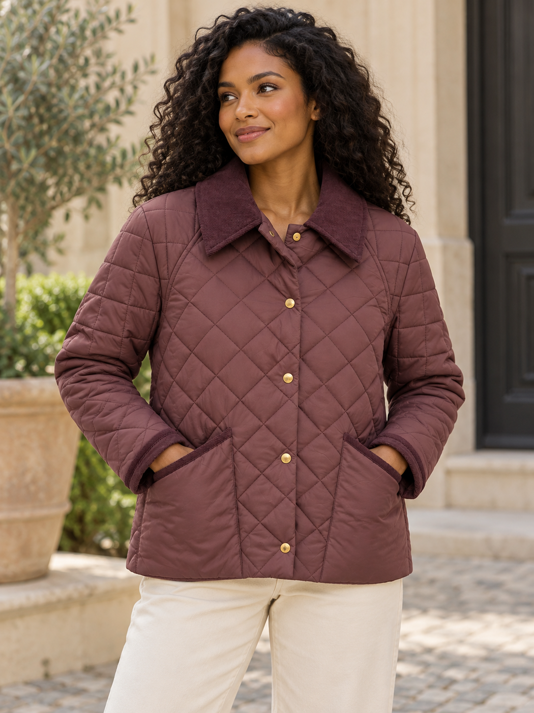 Modelo con chaqueta acolchada berenjena y pantalón crema