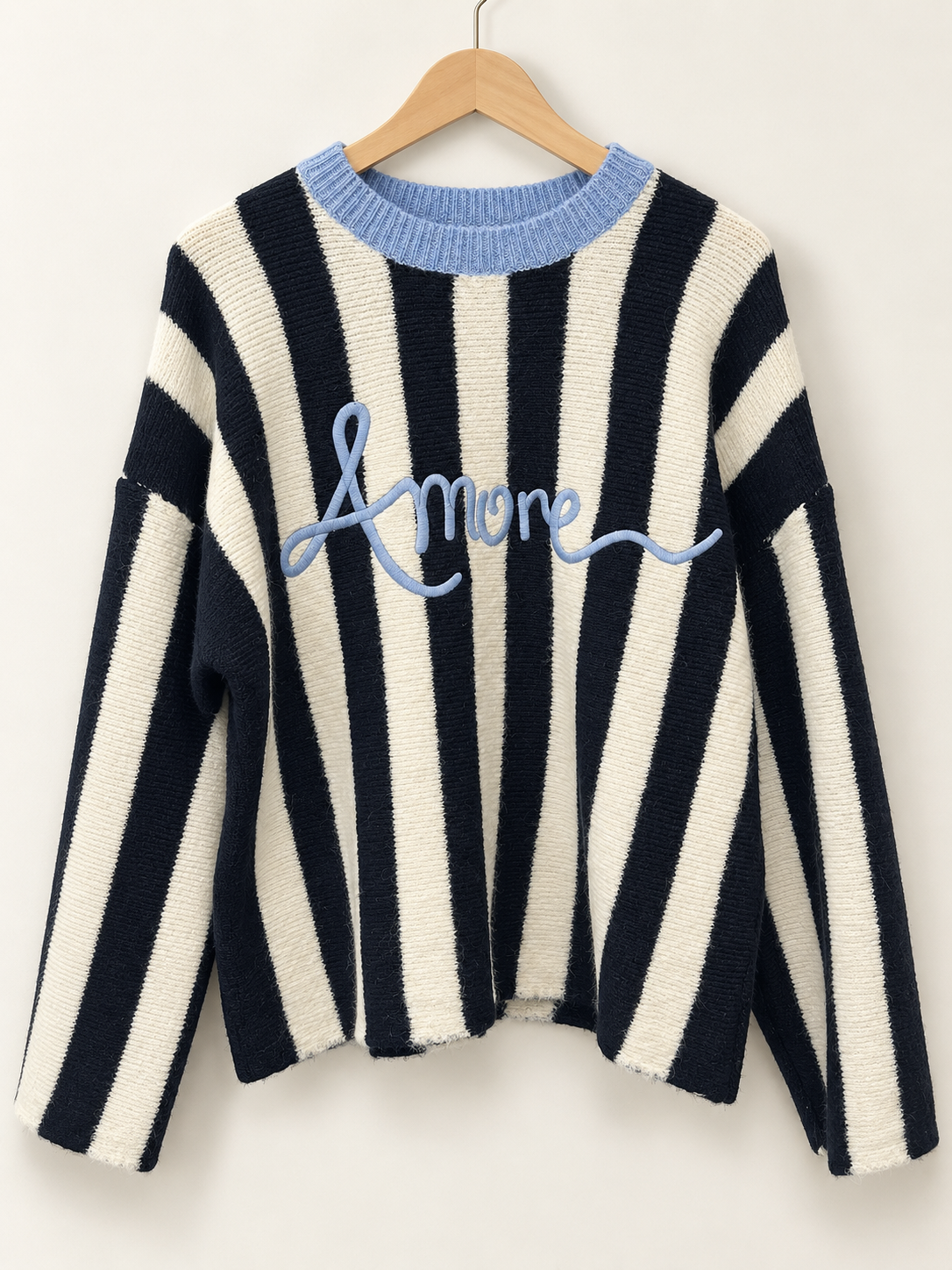 Jersey Amore de rayas verticales azul marino y crudo