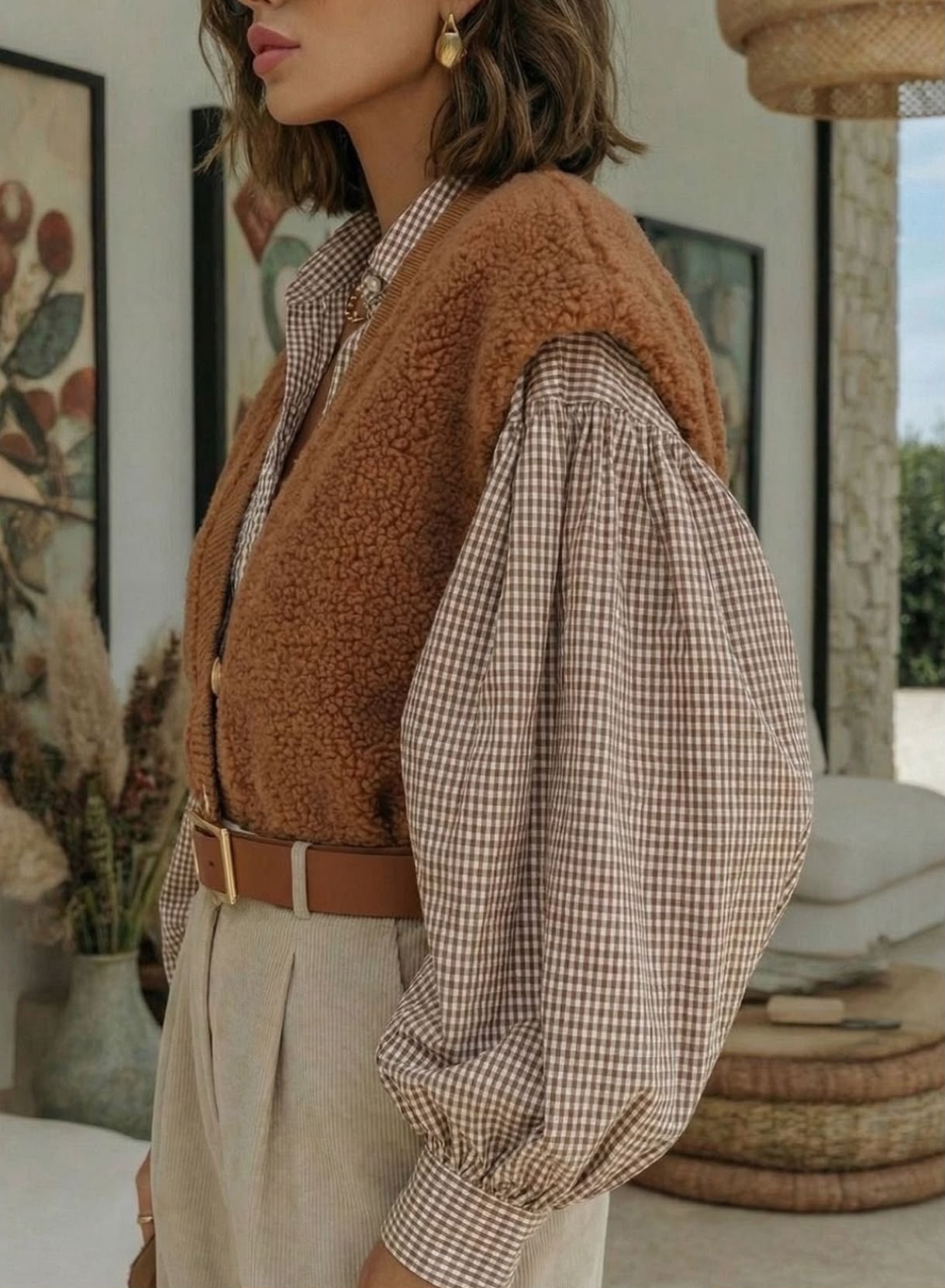 Mujer con chaleco marrón y blusa de manga larga