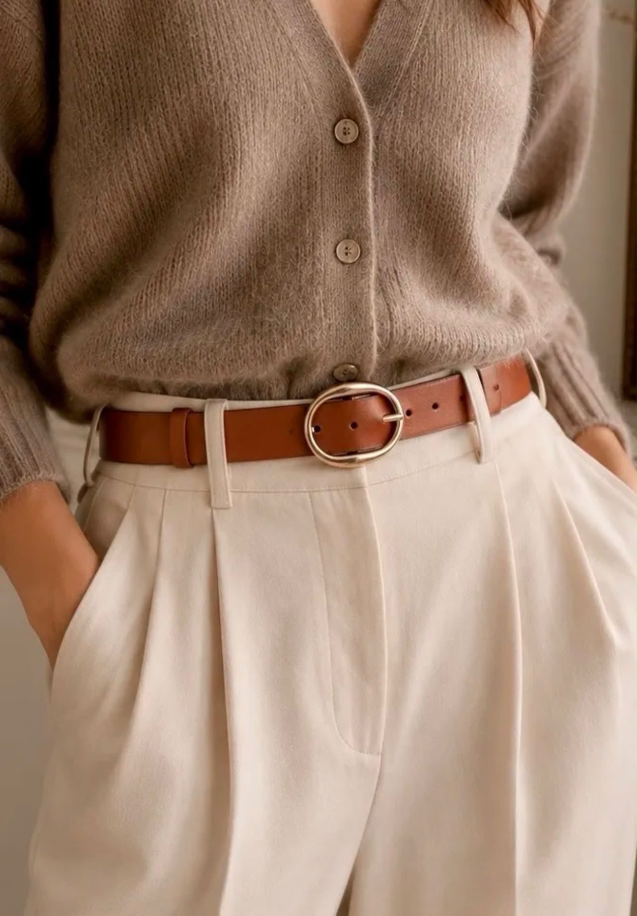 Pantalón beige de mujer con cinturón
